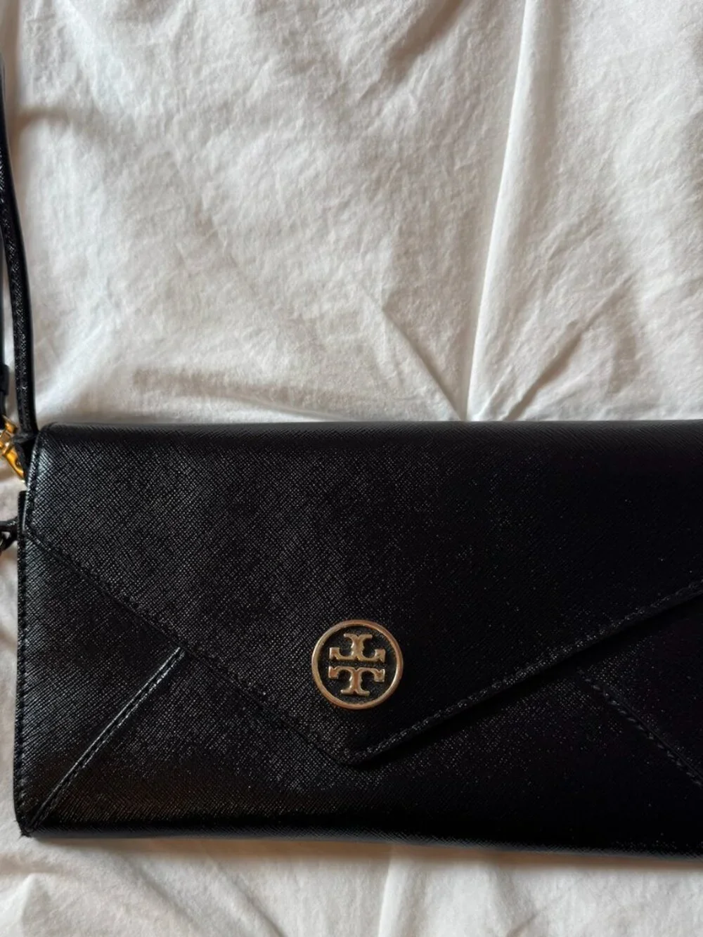 Tory Burch Robinson Envelope Wristlet Wallet — Black/Gold — Excellent Condition